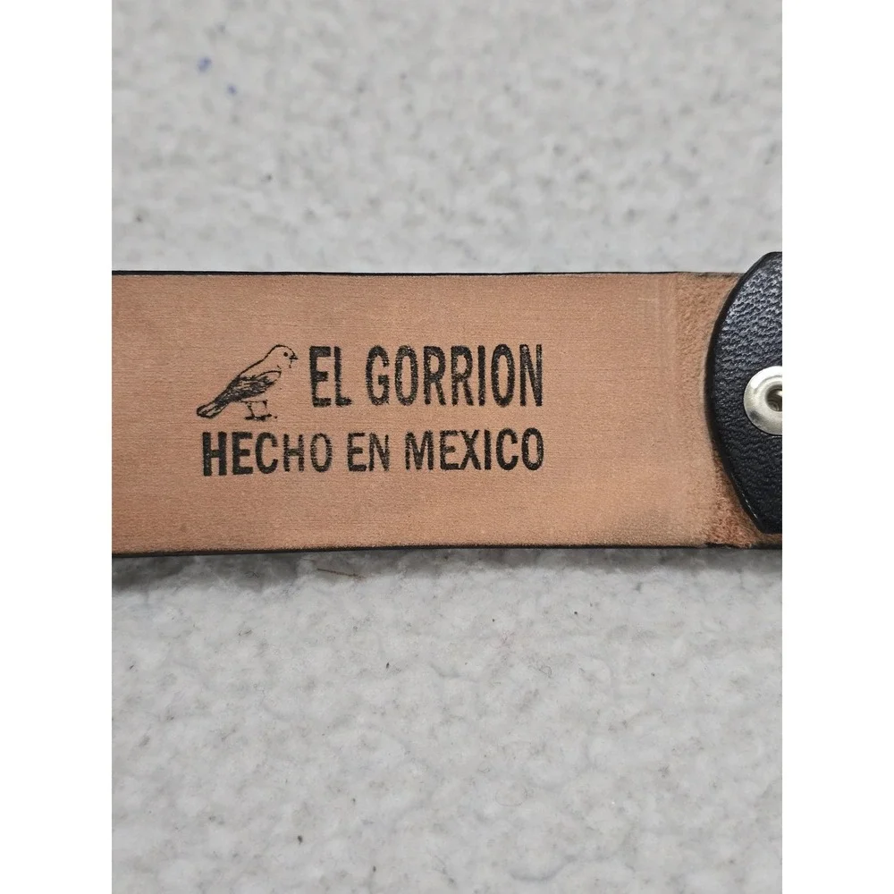 El Gorrion Mens Black Leather Belt Silver Buckle Made in Mexico Size 44 4656‎